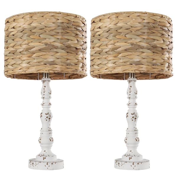 Pia Ricco 21.25 in. Farmhouse Table Lamp Set with Handwoven Light Brown Rattan Shade (Set of 2)