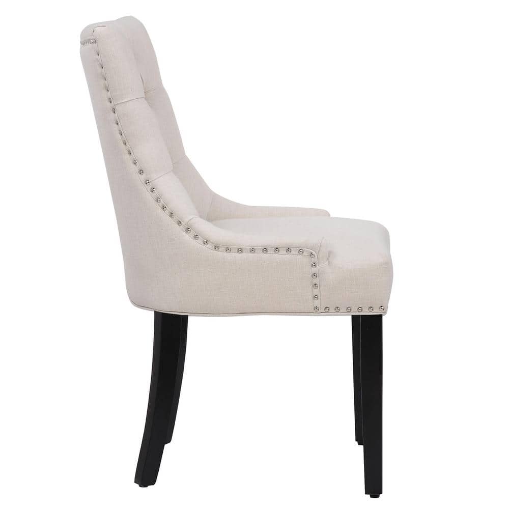 Beige Linen Tufted High-Back Wooden Side Chair