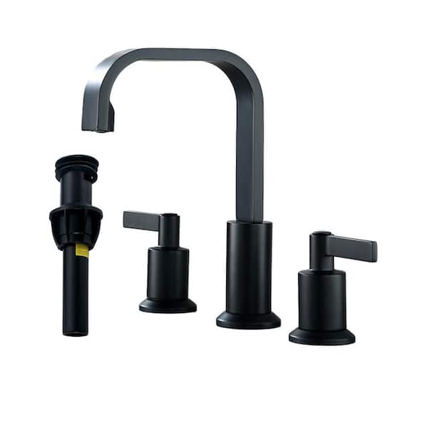UPIKER Modern 8 in. Widespread Double Handle 360° Swivel Spout Bathroom Faucet with Push-Up Pop-Up Drain in Matte Black