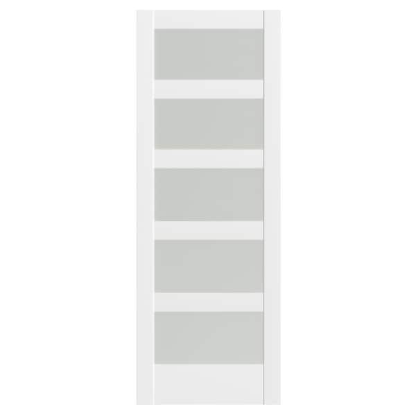 28 in. x 80 in. 5-Panel Frosted Glass, Can Be Painted, White Primed MDF Wood Pocket Door Frame without Hardware