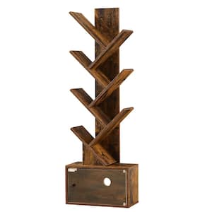 7-Tier 44.5 in. Tall Brown Wood 8-Shelf Tree Bookcase, Display with Storage Cabinet, Tree-Shaped Shelf Racks Organizer