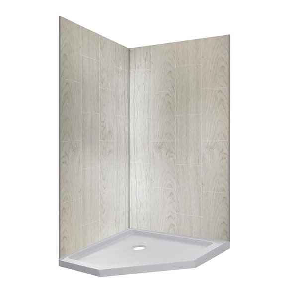 JETCOAT 42 in. x 42 in. x 78 in. 3-Piece Shower Kit in Driftwood 38 in. x 38 in. Neo Angle Base in White