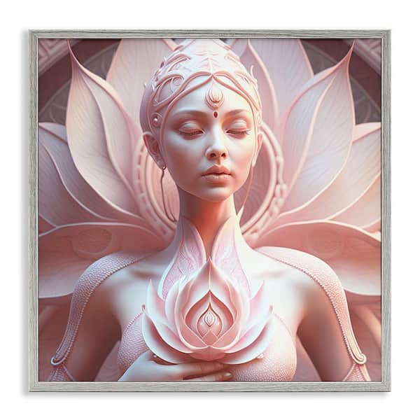 Spiritual Lotus Woman Statue by Shambhala Light Visionary Art Gray Framed People Giclee Art Print 12 in. x 12 in.