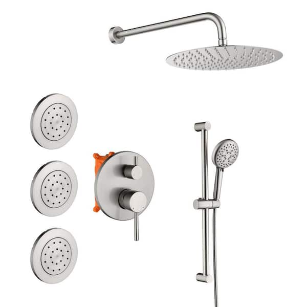 GIVING TREE 3-Spray Patterns 12 in. Wall Mount Dual Shower Heads 3-Jet Mixed Shower System Slide Bar Hand-Shower in Brushed Nickel