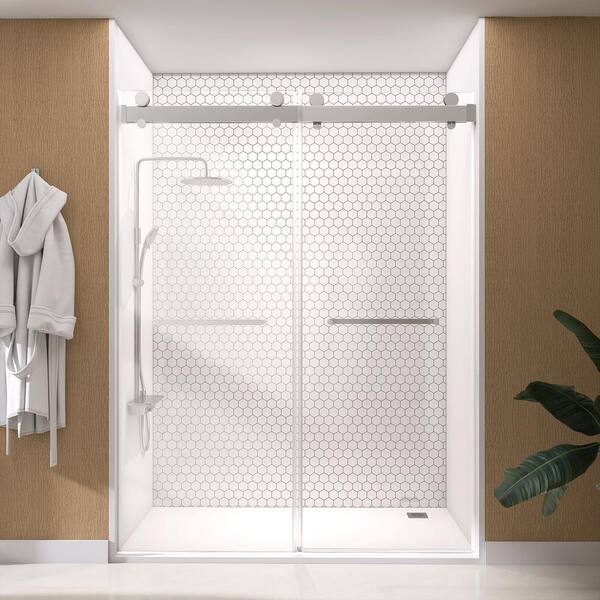 72 in. W x 79 in. H Soft-Close Double Sliding Bypass Frameless Glass Shower Door in Brushed Nickel 3/8 in. Clear Glass