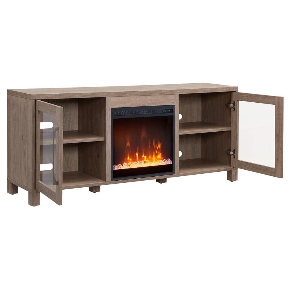 Antiqued Gray Oak TV Stand with Fireplace and Cabinets