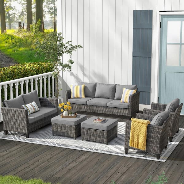 XIZZI Megon Holly Gray 6-Pcs Wicker Outdoor Patio Conversation Seating Set and Loveseat with Dark Gray Cushions