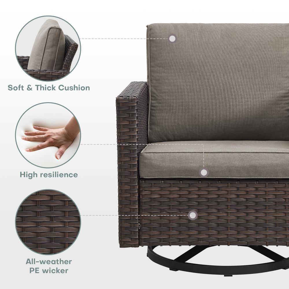 Gray and Brown Wicker Outdoor Swivel Rocking Armchair with Cushions