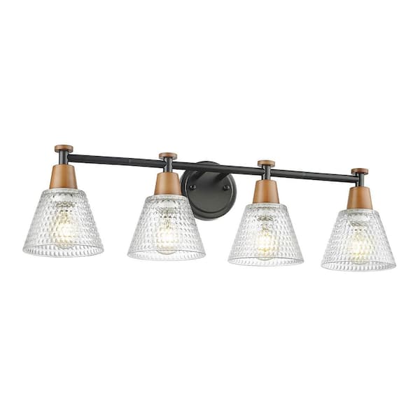 JAZAVA 29.5 in. 4-Light Black Finish and Wood Grain Paint Vanity Light with Hammered Glass Shade