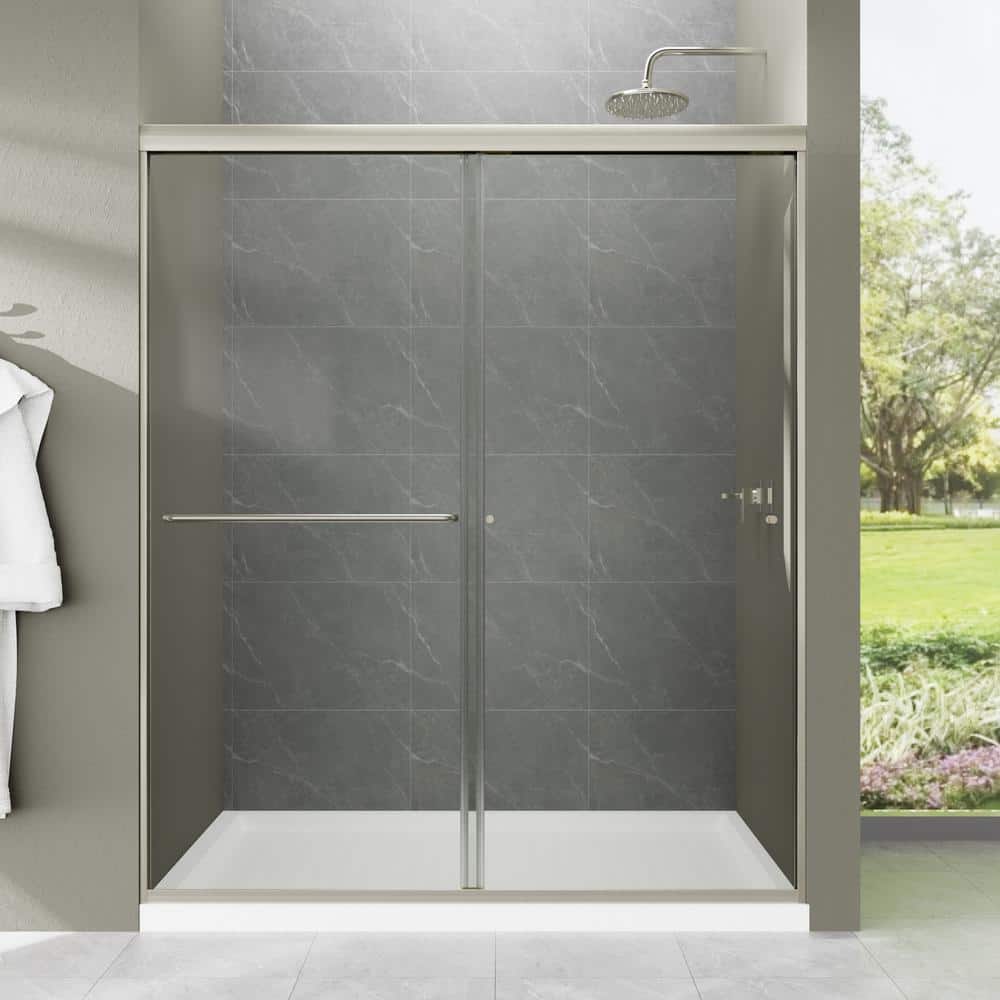 60 in. W x 70 in. H Single Sliding Framed Shower Door in Brushed Nickel wit