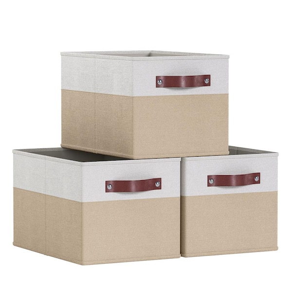 Ornavo Home 3-Pack Collapsible Storage Fabric Shelf Basket with Faux Leather Handles