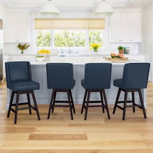 Joyce 26 in. Dark Blue Faux Leather Upholstered Swivel Bar Stool with Solid Wood Leg Counter Bar Stool (Set of 4)