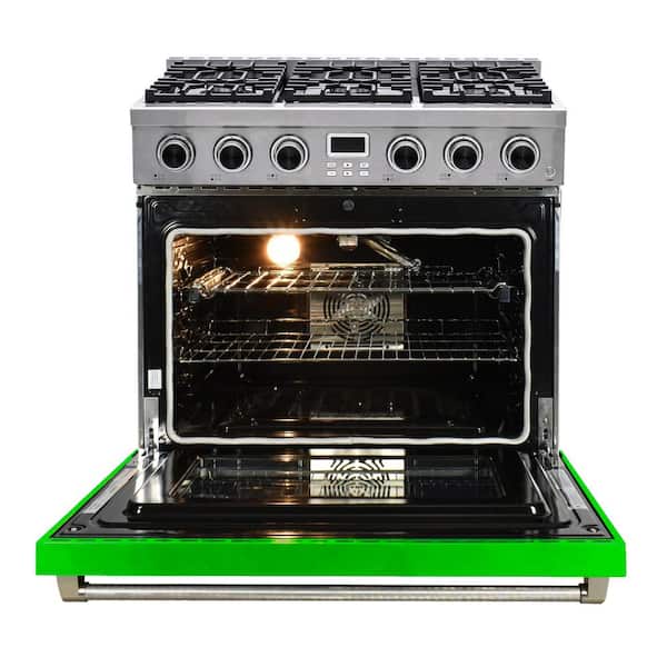 Pro-Style 36 in. 6-Burner Slide-in Gas Range with Convection in Stainless Steel with Green Oven Door