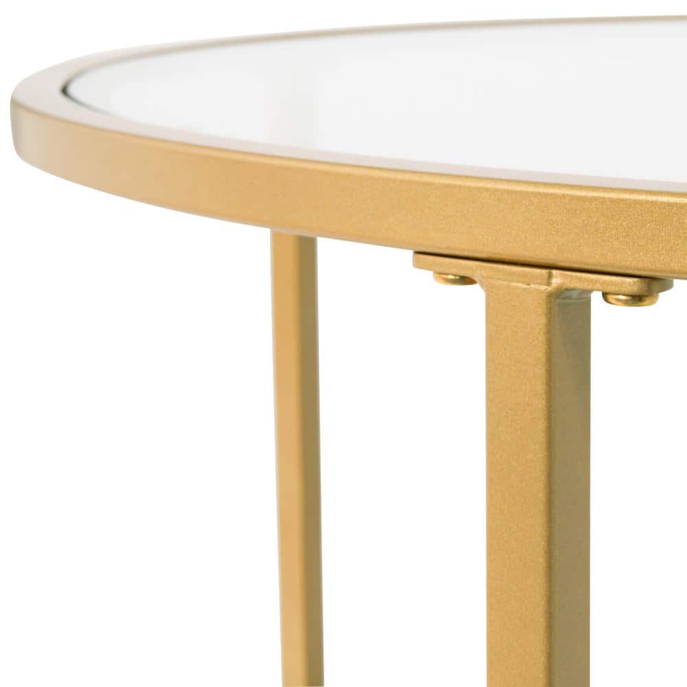 Gold Round Metal and Glass End Table with Dual Shelves