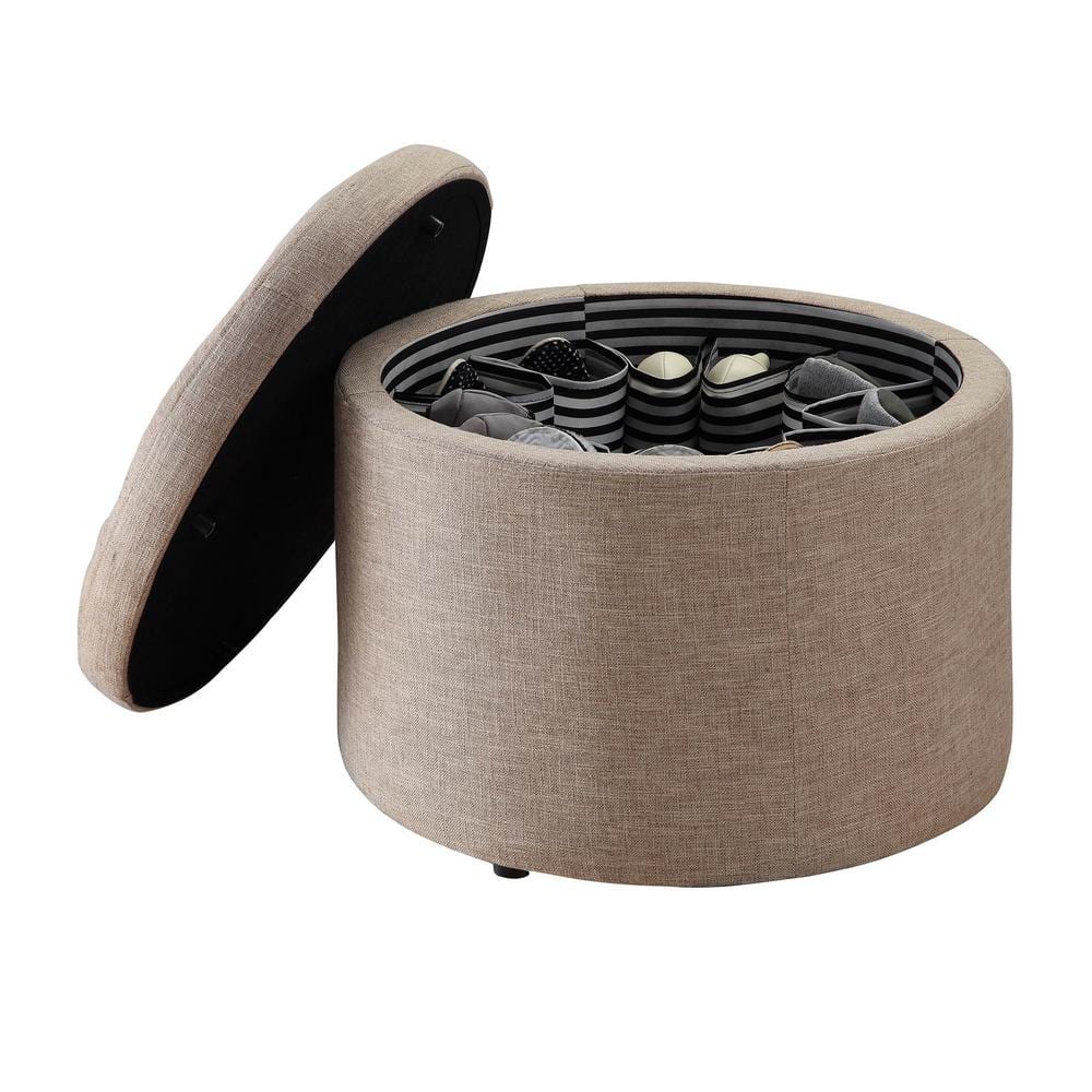 Beige Tufted Round Ottoman with Shoe Storage Compartments