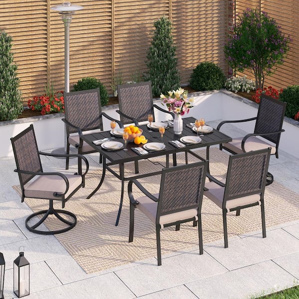 PHI VILLA Black 7-Piece Metal Patio Outdoor Dining Set with Rectangle Table and Rattan Arm Chairs with Beige Cushion