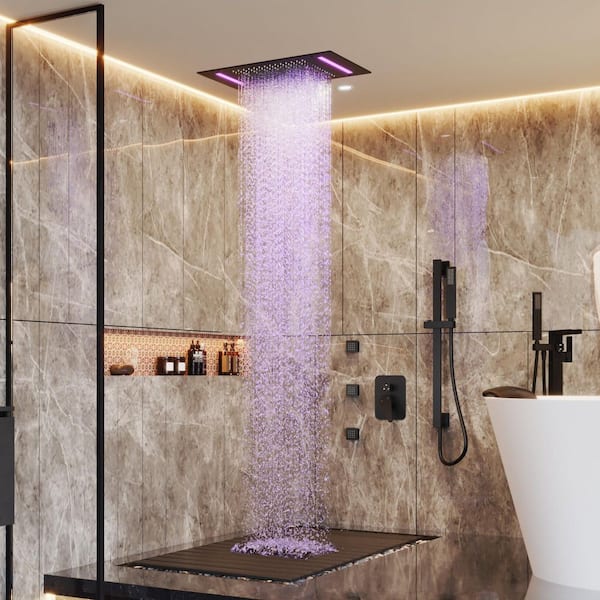 LED Rain Shower System, 2-Handle 3-Spray Shower Faucet and Handheld Shower 2.5 GPM with Pressure Balance in Matte Black