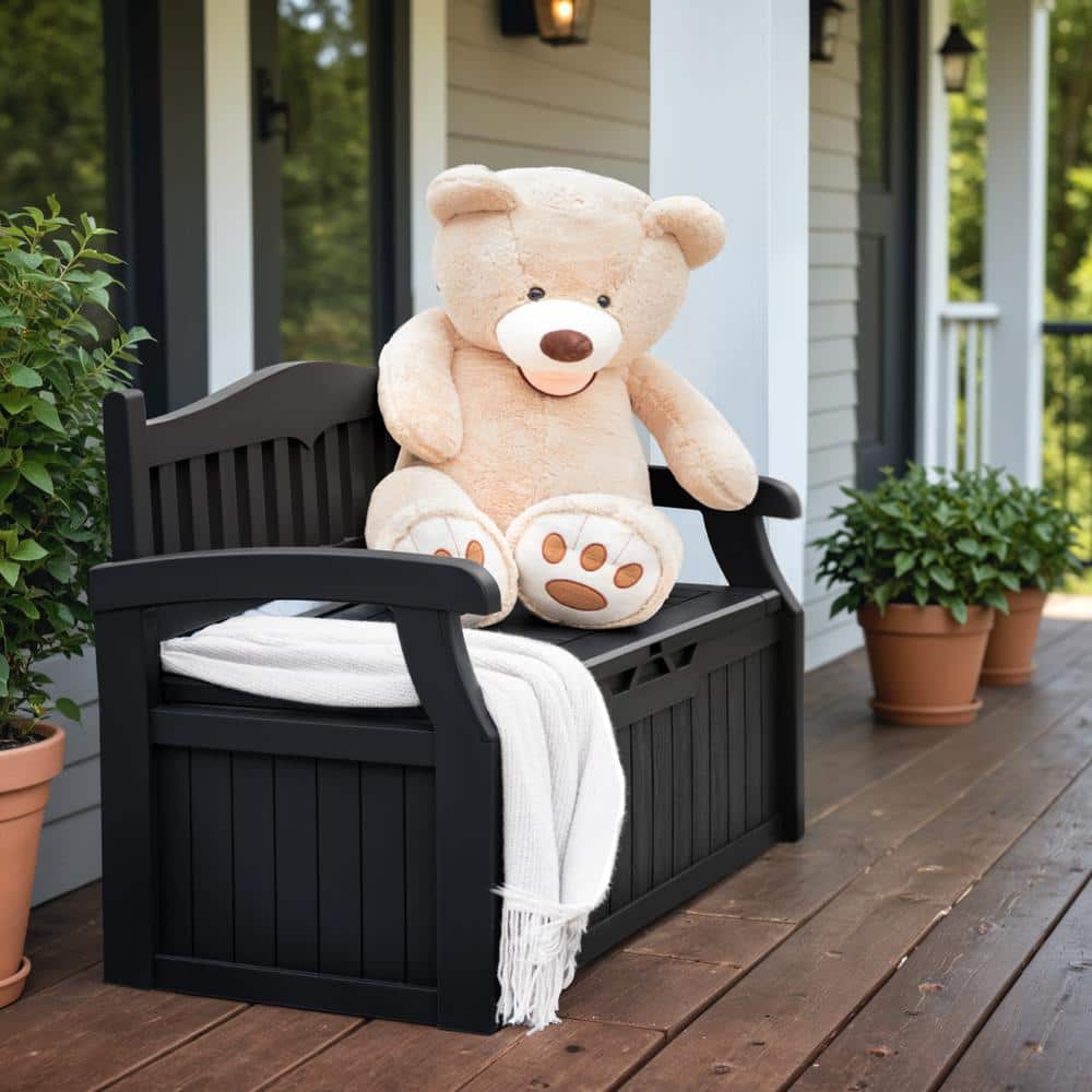 Black 80 Gallon Resin Outdoor Storage Bench with Armrests