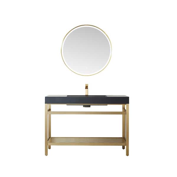 ROSWELL Ablitas 48 in. W x 20 in. D x 34 in. H Single Sink Bath Vanity in Brushed Gold with Black Composite Stone Top and Mirror
