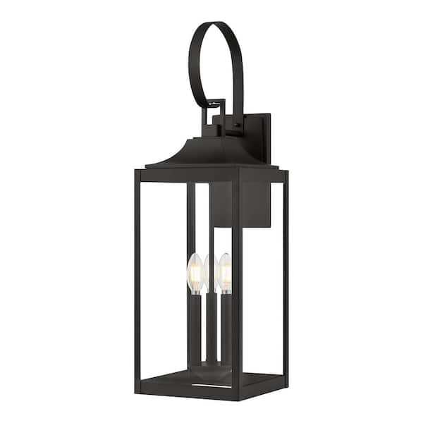 Havenridge 27.8 in. 3-Light Matte Black Hardwired Outdoor Wall Light Lantern Sconce with Clear Glass (1-Pack)