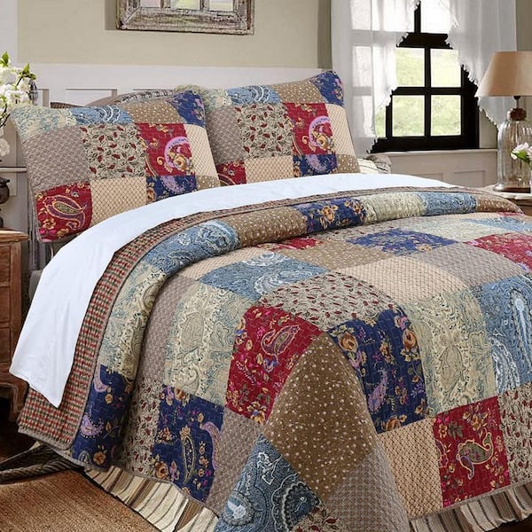 PIECED PATCHWORK RICH ELEGANT PINK GREEN RED IVORY BLUE SHABBY COUNTRY QUILT SET 