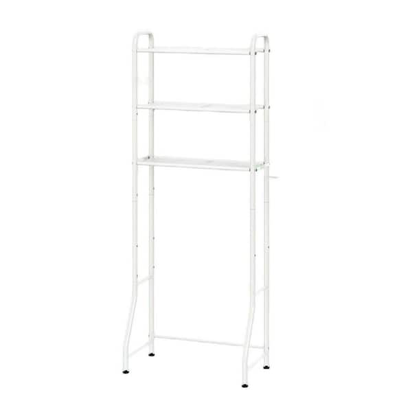 Premium Over the Toilet Floor Mount Shower Caddy, Sturdy Thickened Iron, 3 Hooksand 1 TP Holder, Space-Saving in White