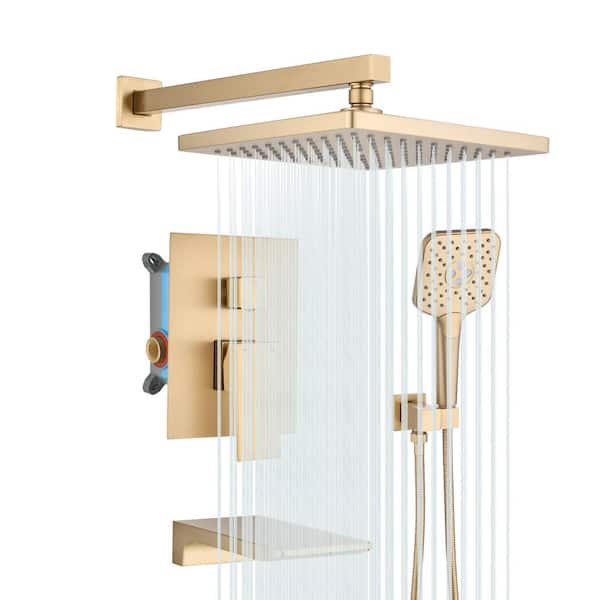 Fapully Single Handle 3-Spray Tub & Shower Faucet 2.5 GPM Shower Faucet Set Wall Mounted Shower in Brushed Gold (Valve Included)