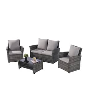 4-Piece Gray Wicker Patio Conversation Set with Light Gray Cushions, Tempered Glass Coffee Table