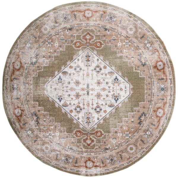 Nourison Astra Machine Washable Sage Multicolor 5 ft. x 5 ft. Distressed Traditional Round Area Rug