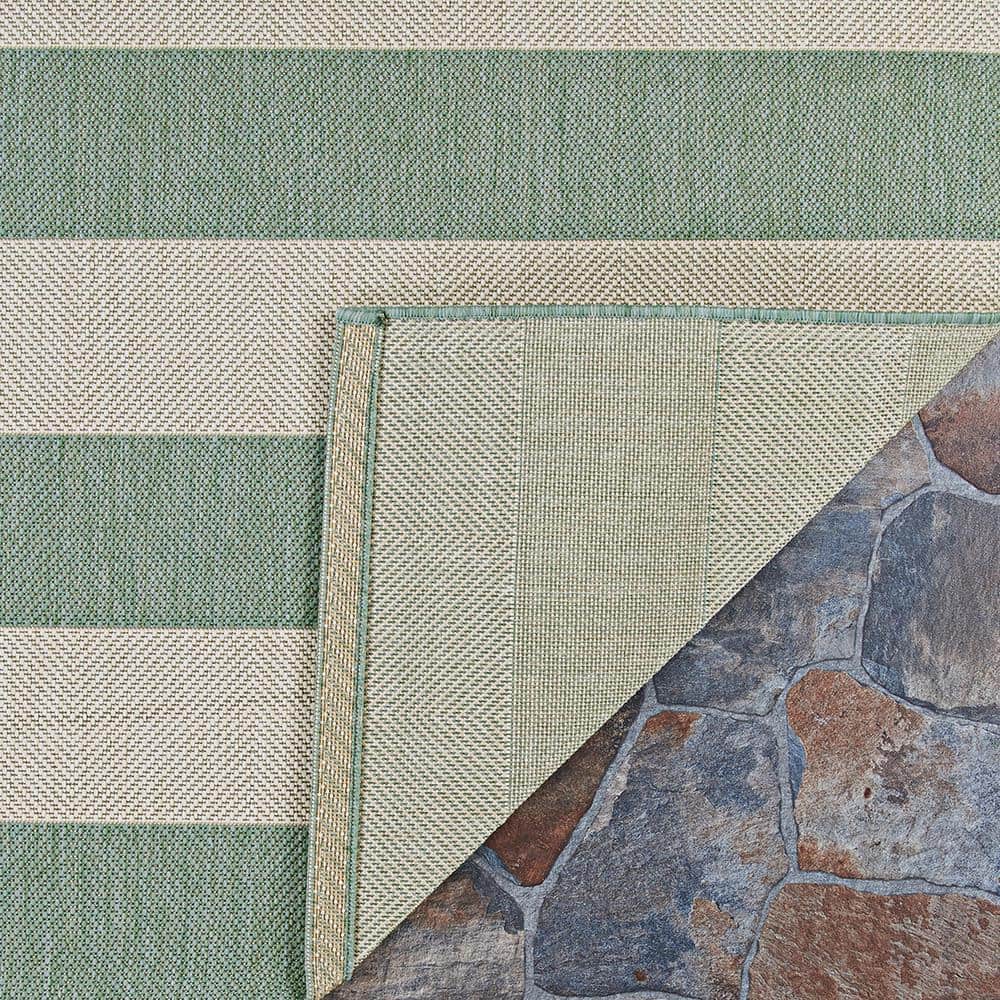 Sea Mist and Ivory Stripe Synthetic 5'3" x 7'6" Outdoor Rug