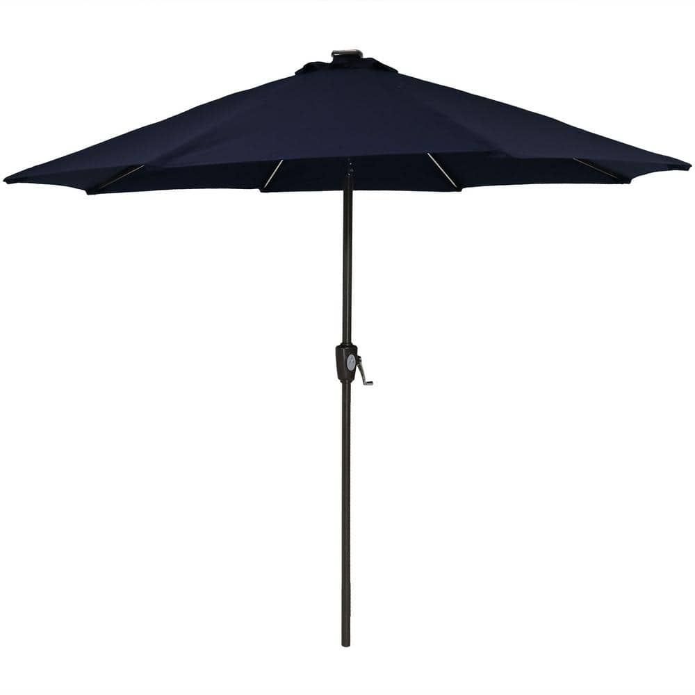 Navy Blue Aluminum Solar LED Patio Market Umbrella with Tilt, 9 ft