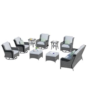 Janus Gray 9-Piece Wicker Patio Conversation Seating Set with Gray Cushions and Swivel Chairs