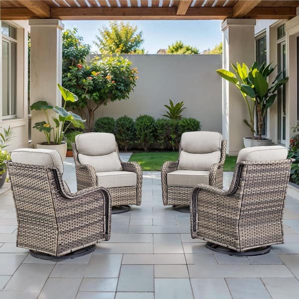 Arcadia Gray Wicker Outdoor Rocking Chair Patio Swivel Glider with 6 in. Thick Beige Box-Edge Cushions (4-Pack)
