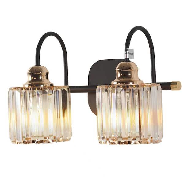 ExBrite Merrin 14.3 in. 2-Lights Black Bathroom Vanity Light Wall Fixture for Bathroom Mirror with Crystal Shades
