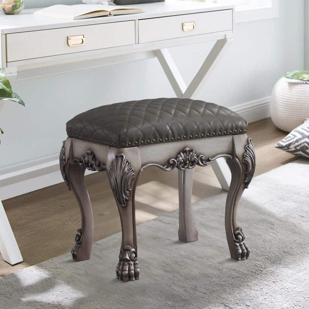 15 in. Gray Backless Wooden Frame Bar Stool with Leather Seat