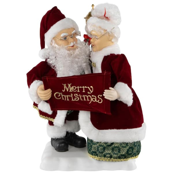 Animated and Musical Mr. and Mrs. Claus Figures with Lighted Lamppost and Merry Christmas Sign - 18 in.