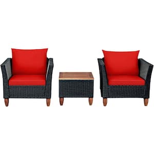 3PCS Patio Rattan Conversation Furniture Set Yard Outdoor w/Red Cushions