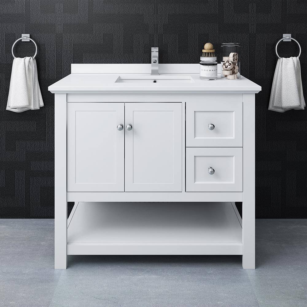 Manchester 42" White Quartz Stone Single Sink Vanity with Open Bottom Shelf