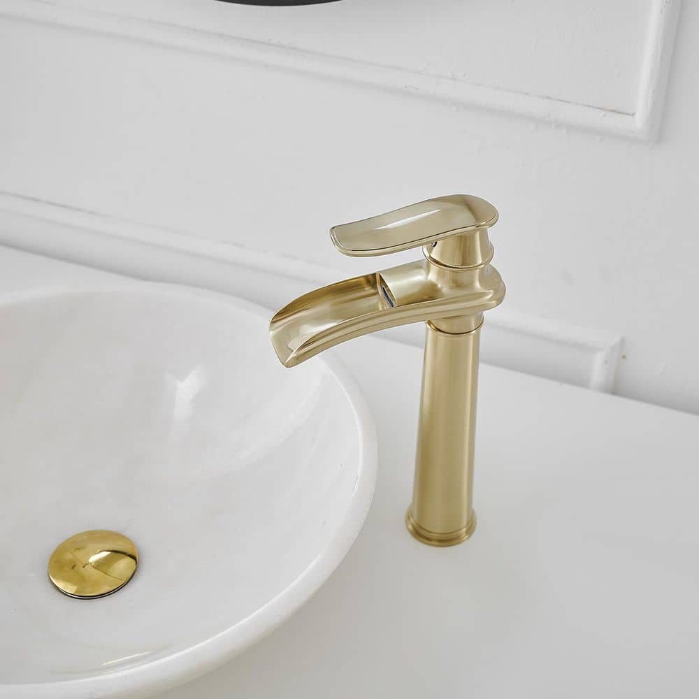 Brushed Gold Tall Single Handle Waterfall Vessel Sink Faucet