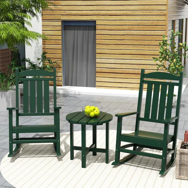 Laguna 3-Piece Classic Outdoor Patio Fade Resistant Plastic Rocking Chairs and Round Side Table Set in Dark Green