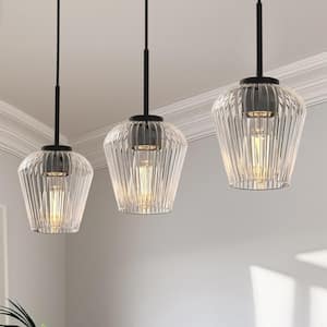 28 in. 3-Light Black Pendant Light withGlass Shade, Farmhouse Ceiling Lamp for Kitchen Island, Dining Room