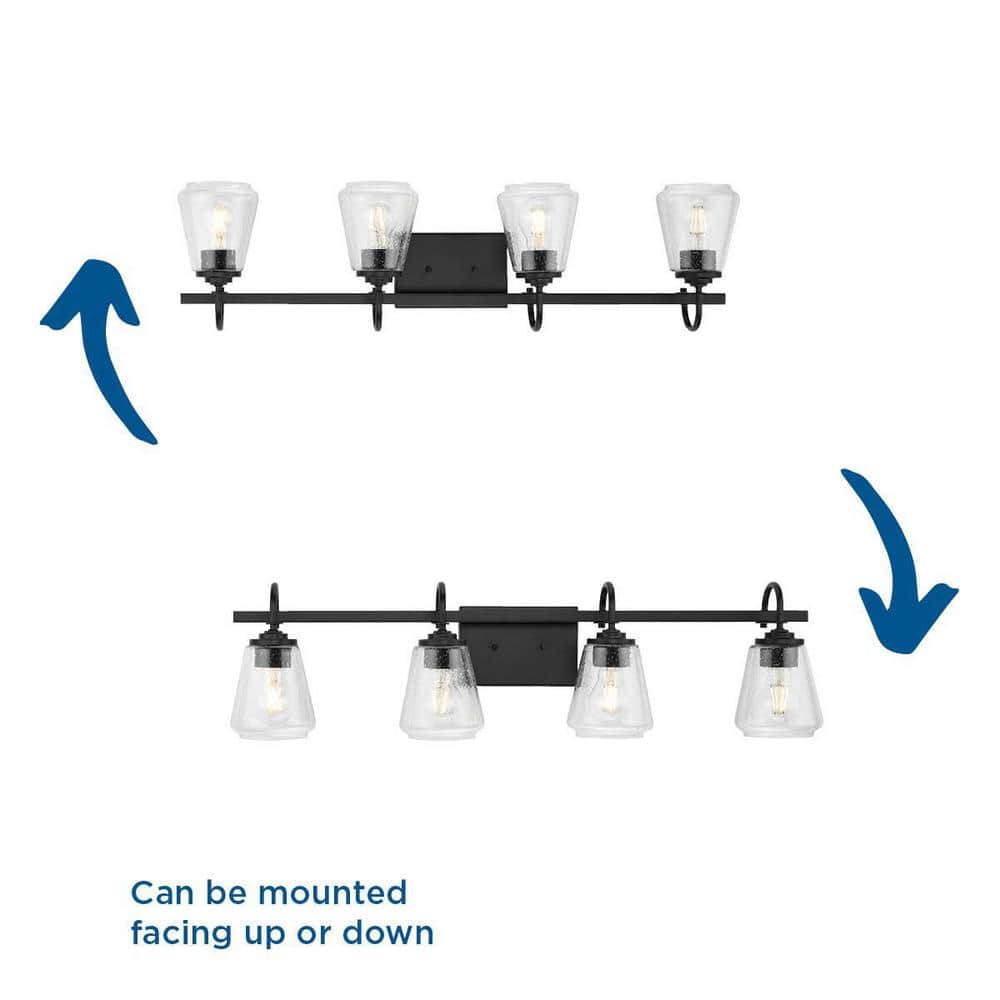 Martenne 32" Matte Black and Seeded Glass 4-Light Vanity Fixture