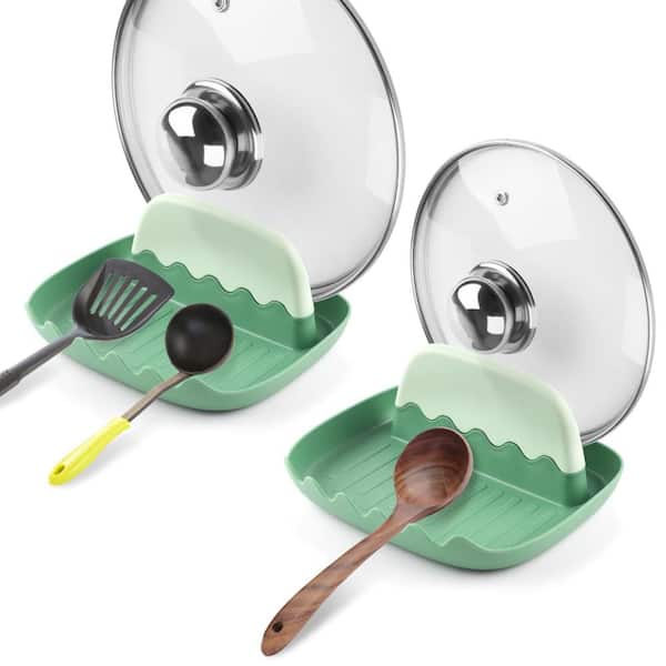Spoon and Lid Rest with Lid Holder for Countertop, Stove Top, Spoon, Pot Lids, Spatulas, Utensils, Forks, Green (2-Pack)