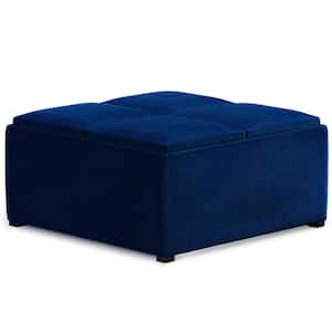 Avalon 35 in. Wide Contemporary Square Coffee Table Storage Ottoman in Blue Velvet Fabric