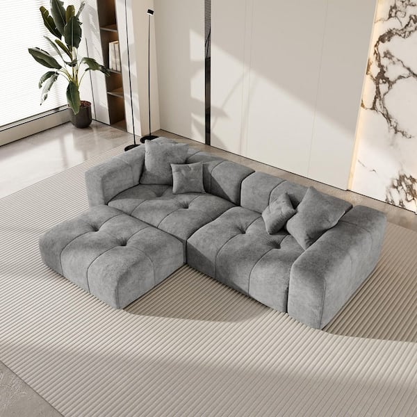 Oversized 104.8 in. W Linen 3-Piece Modular Sectional Sofa Free Combination Living Room Set with Ottoman in Gray