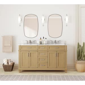 Talmore 60 in W x 22 in D x 35 in H Double Sink Bath Vanity in Light Oak With White Engineered Marble Top