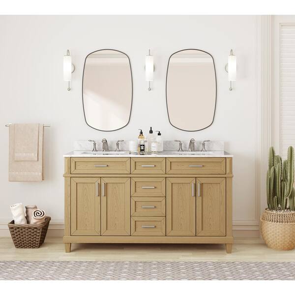 Home Decorators Collection Talmore 60 in W x 22 in D x 35 in H Double Sink Bath Vanity in Light Oak With White Engineered Marble Top