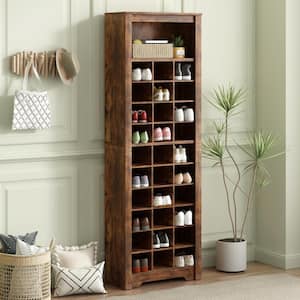 Free Standing Tall 73.8 in. H x 24.4 in. W Brown Wood Shoe Storage Cabinet, 30 Cubby Console for Hallway, Bedroom