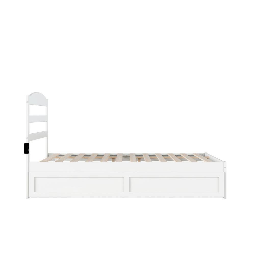 White Full Platform Bed with Trundle and Wood Headboard