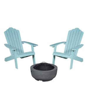 Lanier Lake Blue 3-Piece Recycled Plastic Patio Conversation Adirondack Chair Set with a Grey Wood-Burning Firepit